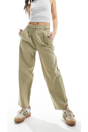 ASOS Barrel leg chino trousers with button tab detail in khaki