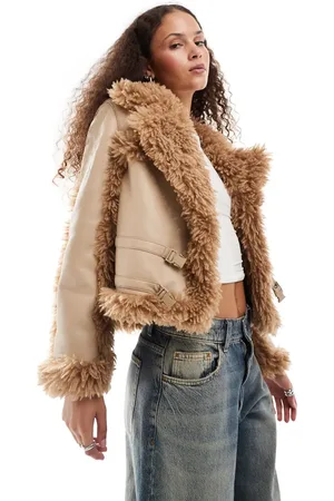 Urban Revivo Faux leather jacket with fur trim in beige