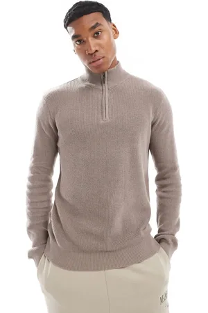Brave Soul Ribbed quarter zip jumper in taupe