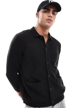 ASOS Relaxed knitted cardigan with polo collar and front pockets in black