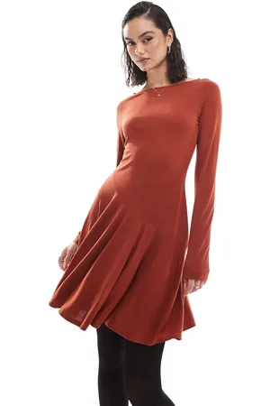 ASOS High neck long sleeve skater mini dress in burgundy