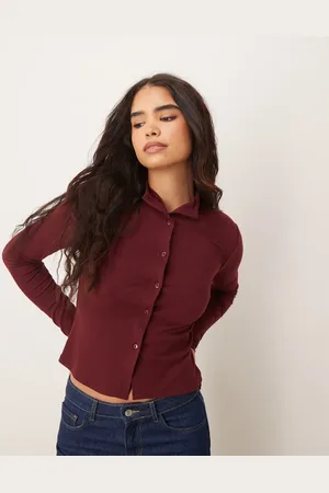 ASOS High neck button through shrunken top in burgundy
