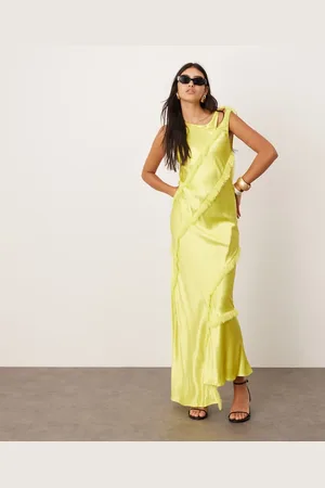 ASOS Sleeveless satin asymmetric detail maxi dress with fringing in lime green