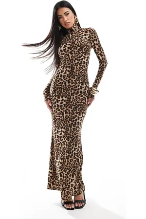 Aria Cove High neck long sleeve bodycon maxi dress in leopard print