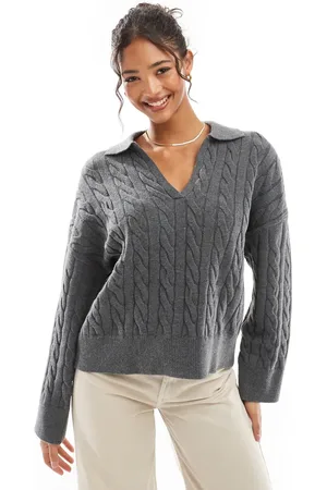 Bershka Oversized cable knit jumper in dark