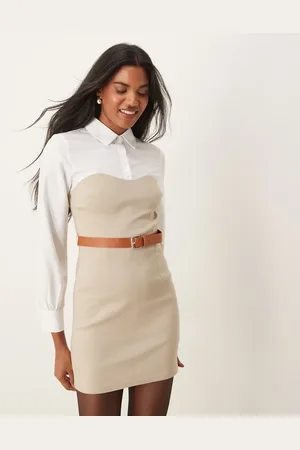 New Look Belted 2in1 mini shirt dress in stone