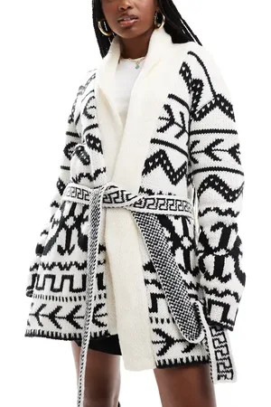 South Beach Aztec jaquard waist tie knit cardigan in monochrome
