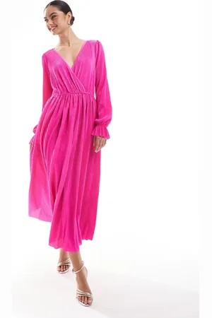 Lovedrobe Plisse long sleeve midaxi dress in fuchsia