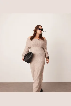 ASOS Curve knitted bardot midaxi dress in mushroom
