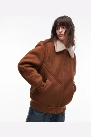 Topshop Faux suede shearling bomber jacket in