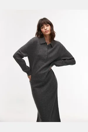 ARKET Wool knitted midaxi dress with deep placket polo collar in dark