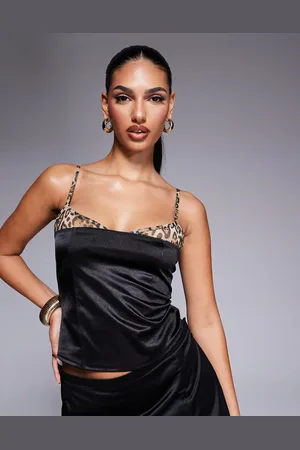 ASOS Satin corset seam top with exposed leopard bralet detail in
