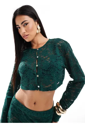 Aria Cove Exclusive lace button through long sleeve top co-ord in emerald