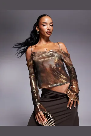 ASOS Metallic cold shoulder flared sleeve top in gold abstract print