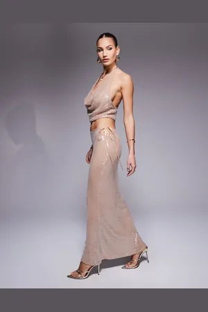 Missyempire Low rise maxi skirt co-ord in cream glazed sequin