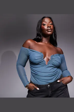 ASOS ASOS DESIGN Curve plunge trim mesh off shoulder bodysuit in