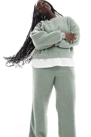 ASOS ASOS DESIGN Curve lounge borg sweat & wide leg trouser set in sage