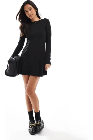 Miss Selfridge Drop waist long sleeve pleated mini dress in