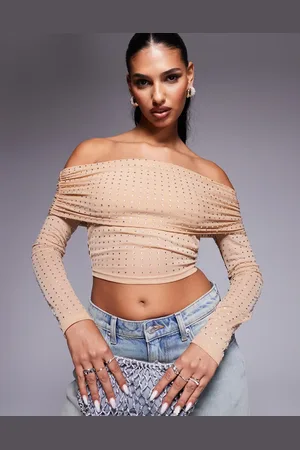 ASOS Hotfix off shoulder long sleeve top in stone