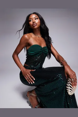 Missyempire Contrast satin bandeau corset top co-ord in emerald sequin