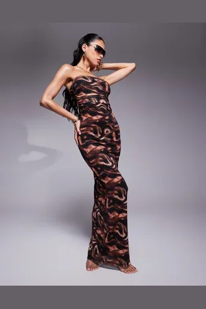 South Beach Abstract print lined bandeau mesh maxi beach dress in