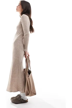 Stradivarius Long sleeve brushed midi dress in beige
