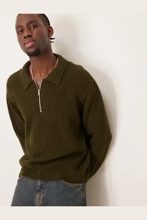 ASOS Oversized boxy fit fisherman ribbed knitted quarter zip polo in dark