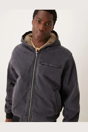 Abercrombie & Fitch Workwear sherpa lined address back hooded denim bomber in washed
