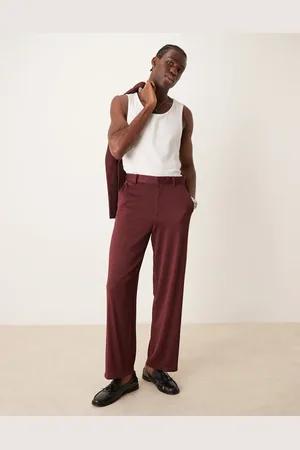ASOS Wide leg suit trousers in burgundy ribbed fabric