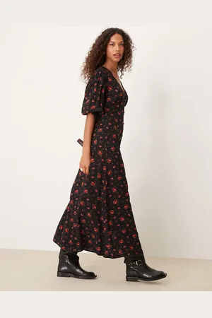 Miss Selfridge Lace trim button through maxi dress in black rose print