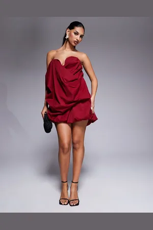 ASOS Structured bust puffball bandeau mini dress in burgundy