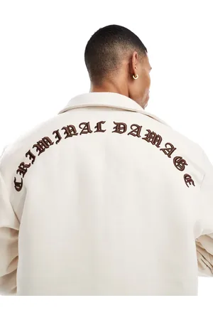 Criminal Damage Embroidered drop shoulder flannel shirt in ecru