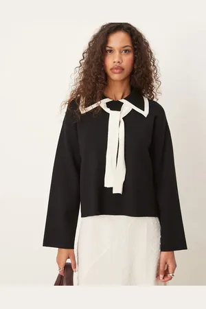 Y.A.S Bow neck long sleeve knit top in