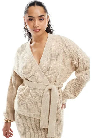 Miss Selfridge Wrap over longline belted knit cardigan in stone