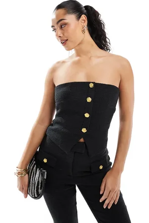The Frolic Exclusive tailored boucle bandeau split front gold flower button detail top co-ord in