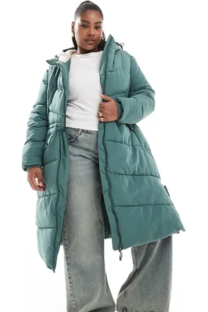 Yours Padded midi jacket with borg linning in khaki