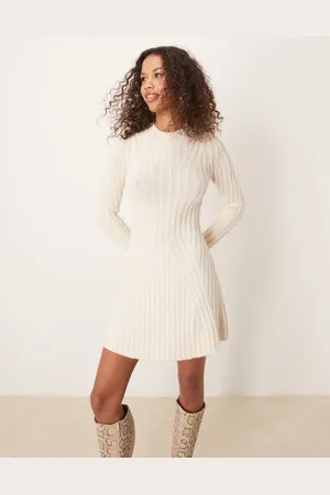 ASOS Knitted mini dress with rib detail in cream