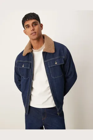 MANGO Zip down shirt detail denim jacket with borg collar in dark denim