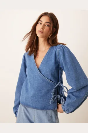 ASOS Denim long sleeve wrap top in mid