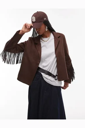 MANGO Tassle sleeve western suede look jacket in