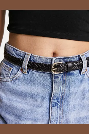 Pieces® Plaited faux leather belt with gold buckle in