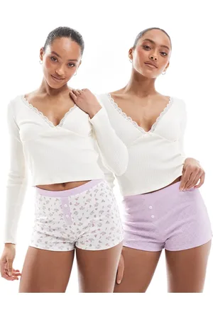 ASOS Felicity 2 pack boxer in ditsy print and lilac pointelle