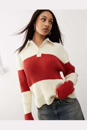 Lioness Polo collar rugby stripe knitted jumper in red and cream