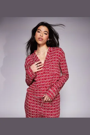 Kaiia Exclusive mix and match cropped button through pyjama top co-ord in burgundy bow print