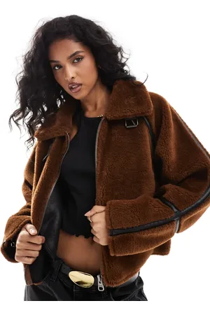 Pull&Bear Shearling jacket with faux leather seam detail in