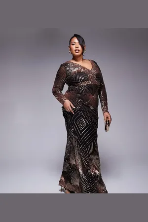 Goddiva Curve plus starburst sequin maxi dress in rosegold