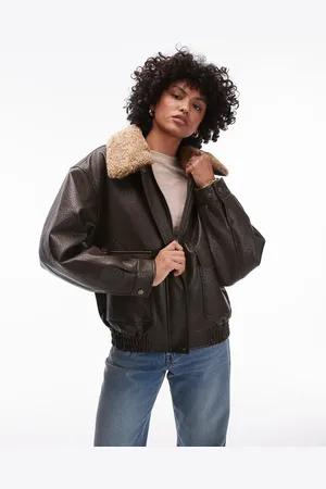 Topshop Bubble faux leather jacket with detachable borg collar in brown