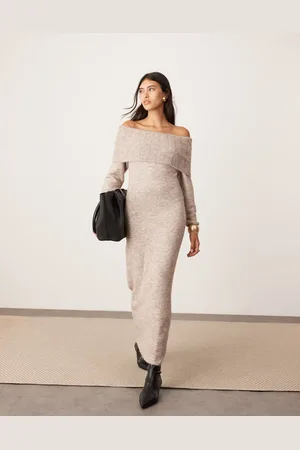 ASOS Knitted bardot midaxi dress in mushroom