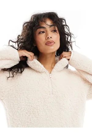 Loungeable Borg 1/4 jumper with wide leg pants in Vanilla