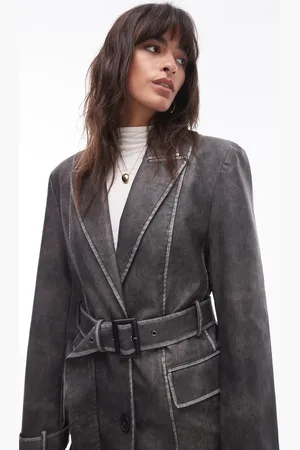 Topshop Faux leather belted trench coat in washed